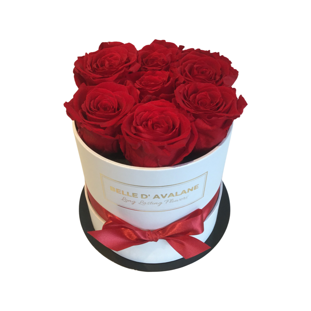 Belle d’avalane 7 roses rouges dans une boîte à fleurs blanche ...